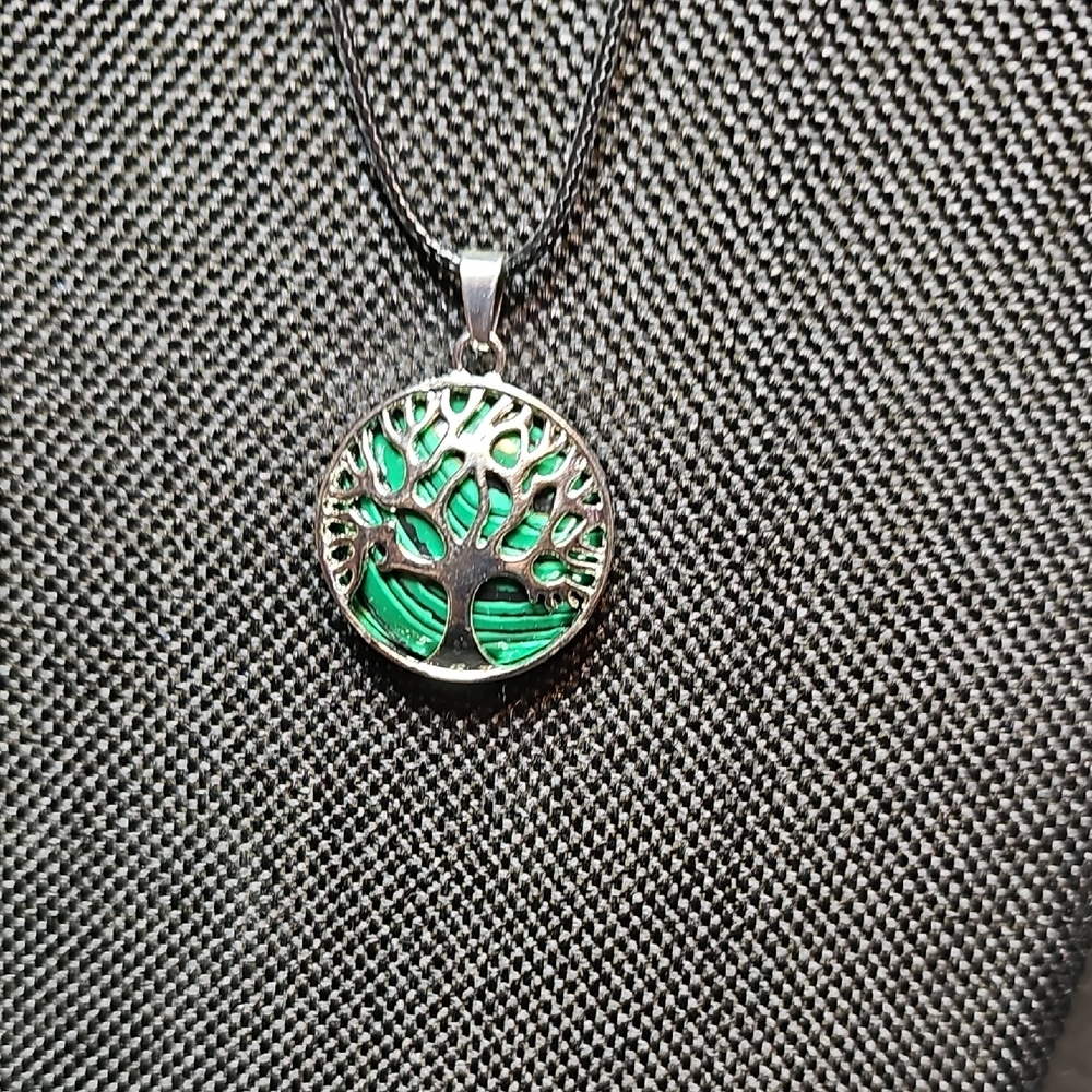 Silver Tree of Life Malachite Pendant Necklace